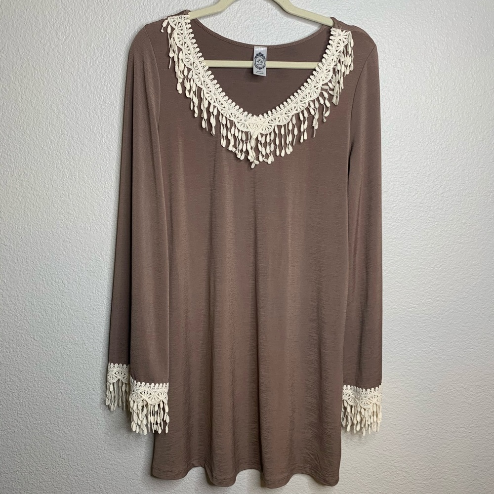 2BTogether Brown Tunic with Lace Trim Detail L